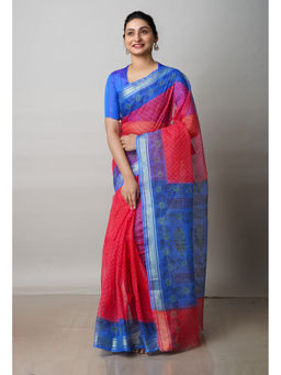 Unnati Silks - Red Pure Block Printed Kota Cotton Saree with Unstitched Blouse