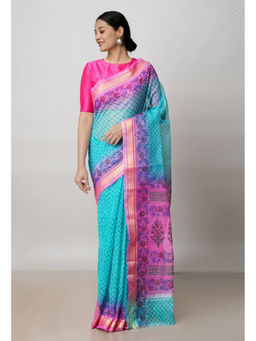 Unnati Silks - Blue Pure Block Printed Kota Cotton Saree with Unstitched Blouse