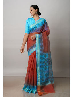 Unnati Silks - Rust Pure Block Printed Kota Cotton Saree with Unstitched Blouse