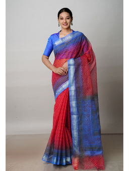 Unnati Silks - Red Pure Block Printed Kota Cotton Saree with Unstitched Blouse