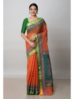 Unnati Silks - Orange Pure Block Printed Kota Cotton Saree with Unstitched Blouse