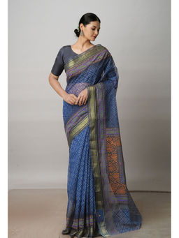 Unnati Silks - Blue Pure Block Printed Kota Cotton Saree with Unstitched Blouse