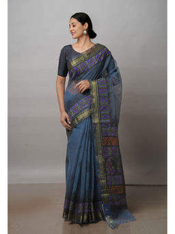Unnati Silks - Grey Pure Block Printed Kota Cotton Saree with Unstitched Blouse