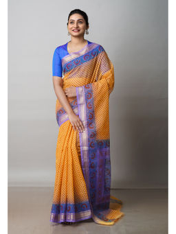 Unnati Silks - Blue Pure Block Printed Kota Cotton Saree with Unstitched Blouse