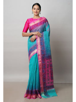 Unnati Silks - Turquoise Pure Block Printed Kota Cotton Saree with Unstitched Blouse