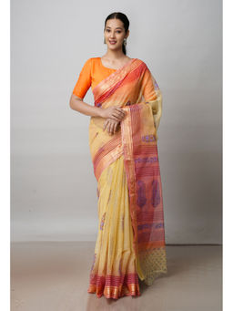 Unnati Silks - Beige Pure Block Printed Kota Cotton Saree with Unstitched Blouse
