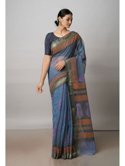 Unnati Silks - Grey Pure Block Printed Kota Cotton Saree with Unstitched Blouse