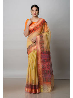 Unnati Silks - Beige Pure Block Printed Kota Cotton Saree with Unstitched Blouse