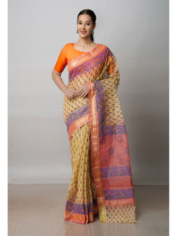 Unnati Silks - Beige Pure Block Printed Kota Cotton Saree with Unstitched Blouse