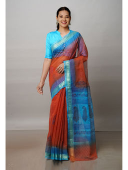 Unnati Silks - Rust Pure Block Printed Kota Cotton Saree with Unstitched Blouse
