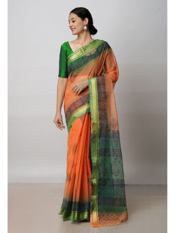 Unnati Silks - Orange Pure Block Printed Kota Cotton Saree with Unstitched Blouse