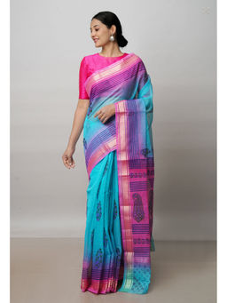 Unnati Silks - Blue Pure Block Printed Kota Cotton Saree with Unstitched Blouse