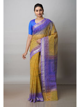 Unnati Silks - Mustard Pure Block Printed Kota Cotton Saree with Unstitched Blouse