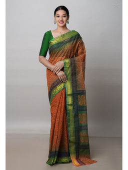 Unnati Silks - Orange Pure Block Printed Kota Cotton Saree with Unstitched Blouse