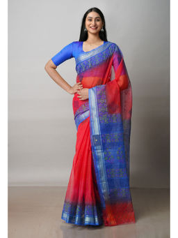 Unnati Silks - Red Pure Block Printed Kota Cotton Saree with Unstitched Blouse