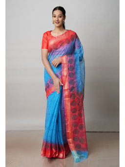 Unnati Silks - Blue Pure Block Printed Kota Cotton Saree with Unstitched Blouse