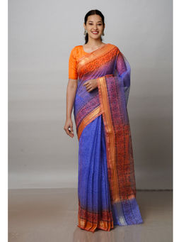 Unnati Silks - Blue Pure Block Printed Kota Cotton Saree with Unstitched Blouse