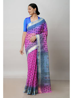 Unnati Silks - Pink Pure Block Printed Kota Cotton Saree with Unstitched Blouse