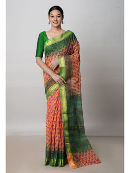 Unnati Silks - Orange Pure Block Printed Kota Cotton Saree with Unstitched Blouse