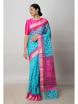 Unnati Silks - Blue Pure Block Printed Kota Cotton Saree with Unstitched Blouse