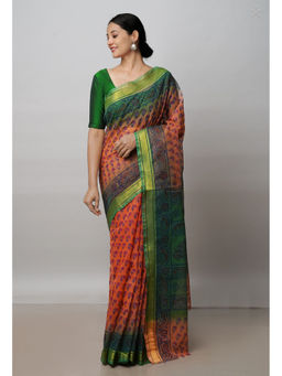 Unnati Silks - Orange Pure Block Printed Kota Cotton Saree with Unstitched Blouse