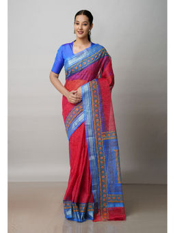 Unnati Silks - Red Pure Block Printed Kota Cotton Saree with Unstitched Blouse