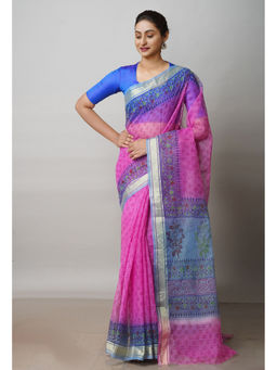 Unnati Silks - Pink Pure Block Printed Kota Cotton Saree with Unstitched Blouse