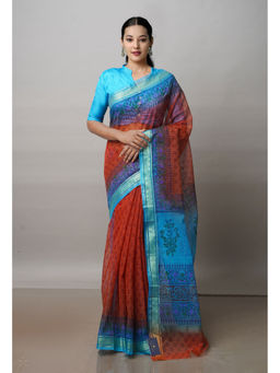 Unnati Silks - Rust Pure Block Printed Kota Cotton Saree with Unstitched Blouse