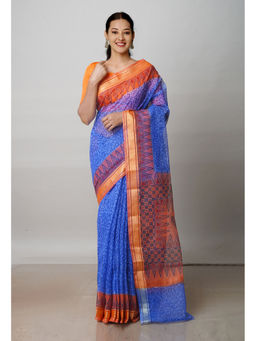 Unnati Silks - Blue Pure Block Printed Kota Cotton Saree with Unstitched Blouse