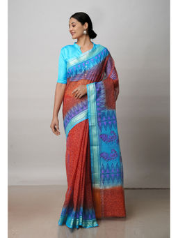 Unnati Silks - Rust Pure Block Printed Kota Cotton Saree with Unstitched Blouse