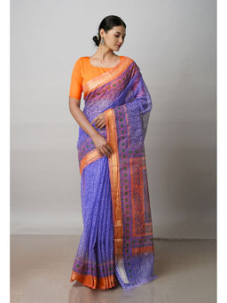 Unnati Silks - Blue Pure Block Printed Kota Cotton Saree with Unstitched Blouse