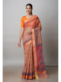 Unnati Silks - Beige Pure Block Printed Kota Cotton Saree with Unstitched Blouse