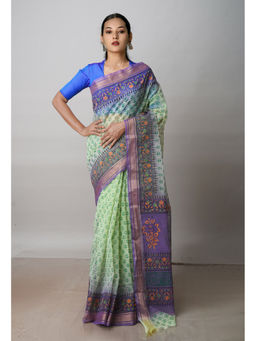 Unnati Silks - Green Pure Block Printed Kota Cotton Saree with Unstitched Blouse