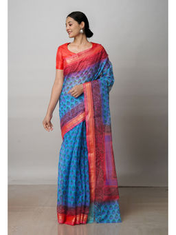 Unnati Silks - Blue Pure Block Printed Kota Cotton Saree with Unstitched Blouse