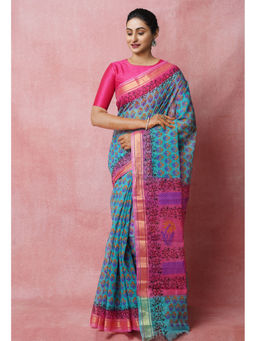 Unnati Silks - Turquoise Pure Block Printed Kota Cotton Saree with Unstitched Blouse