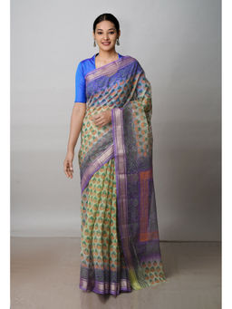 Unnati Silks - Green Pure Block Printed Kota Cotton Saree with Unstitched Blouse