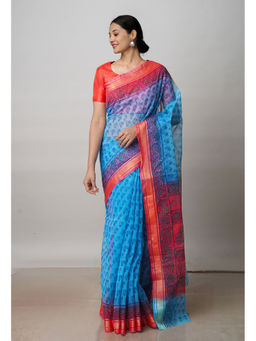 Unnati Silks - Blue Pure Block Printed Kota Cotton Saree with Unstitched Blouse