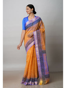 Unnati Silks - Orange Pure Block Printed Kota Cotton Saree with Unstitched Blouse