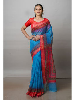 Unnati Silks - Blue Pure Block Printed Kota Cotton Saree with Unstitched Blouse