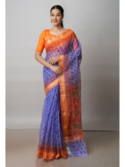 Unnati Silks - Blue Pure Block Printed Kota Cotton Saree with Unstitched Blouse