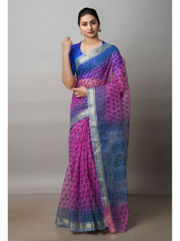Unnati Silks - Pink Pure Block Printed Kota Cotton Saree with Unstitched Blouse