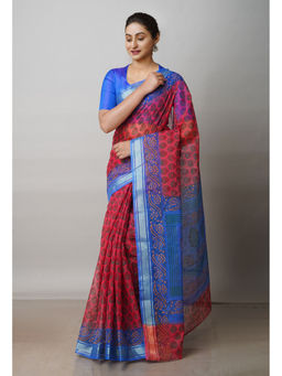 Unnati Silks - Red Pure Block Printed Kota Cotton Saree with Unstitched Blouse