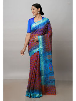 Unnati Silks - Rust Pure Block Printed Kota Cotton Saree with Unstitched Blouse