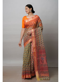 Unnati Silks - Orange Pure Block Printed Kota Cotton Saree with Unstitched Blouse