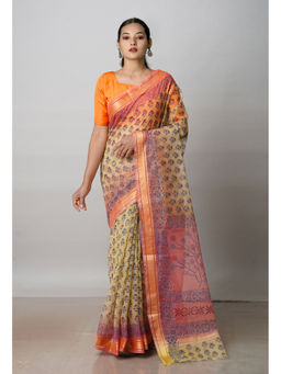 Unnati Silks - Beige Pure Block Printed Kota Cotton Saree with Unstitched Blouse