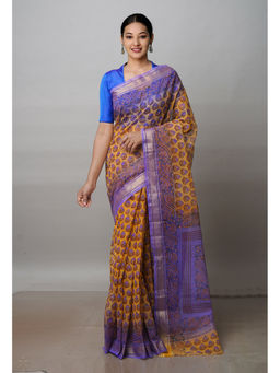 Unnati Silks - Mustard Pure Block Printed Kota Cotton Saree with Unstitched Blouse