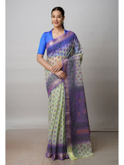 Unnati Silks - Green Pure Block Printed Kota Cotton Saree with Unstitched Blouse
