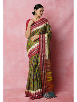 Unnati Silks - Dark Green Pure Handloom Block Printed Tussar Jute Saree with Unstitched Blouse