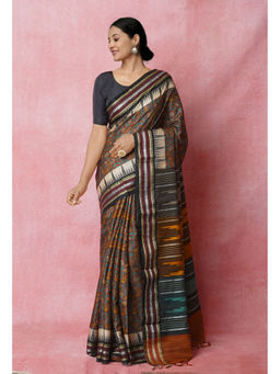 Unnati Silks - Dark Brown Pure Handloom Block Printed Tussar Jute Saree with Unstitched Blouse