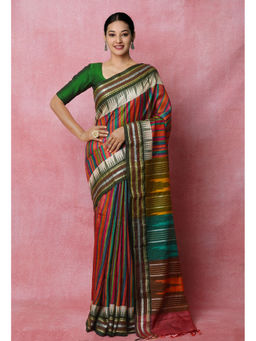 Unnati Silks - Multi Pure Handloom Block Printed Vidarbha Tussar Jute Saree with Unstitched Blouse